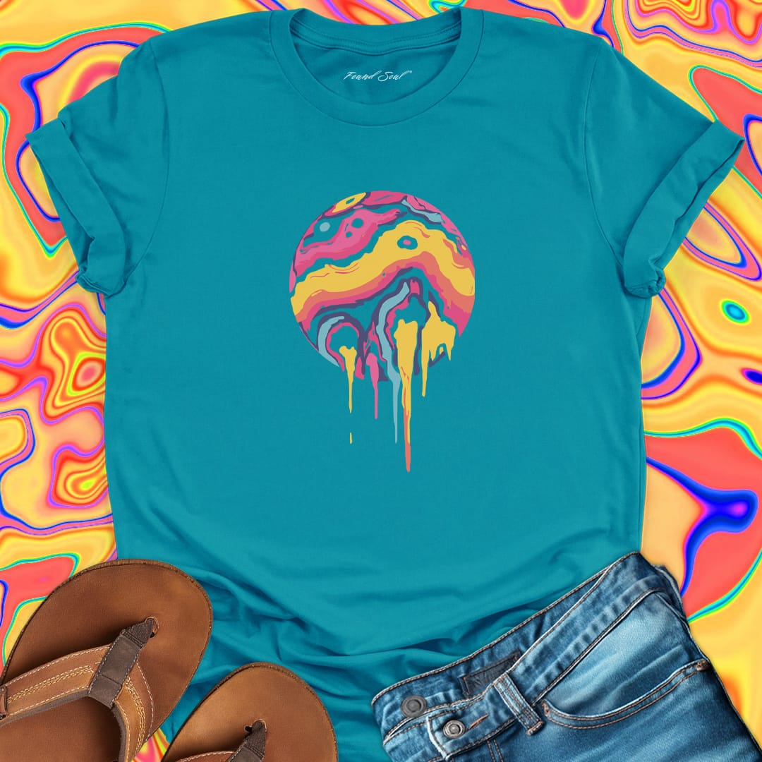 Dripping planet turquoise t-shirt for nonconformity and creative rebellion.