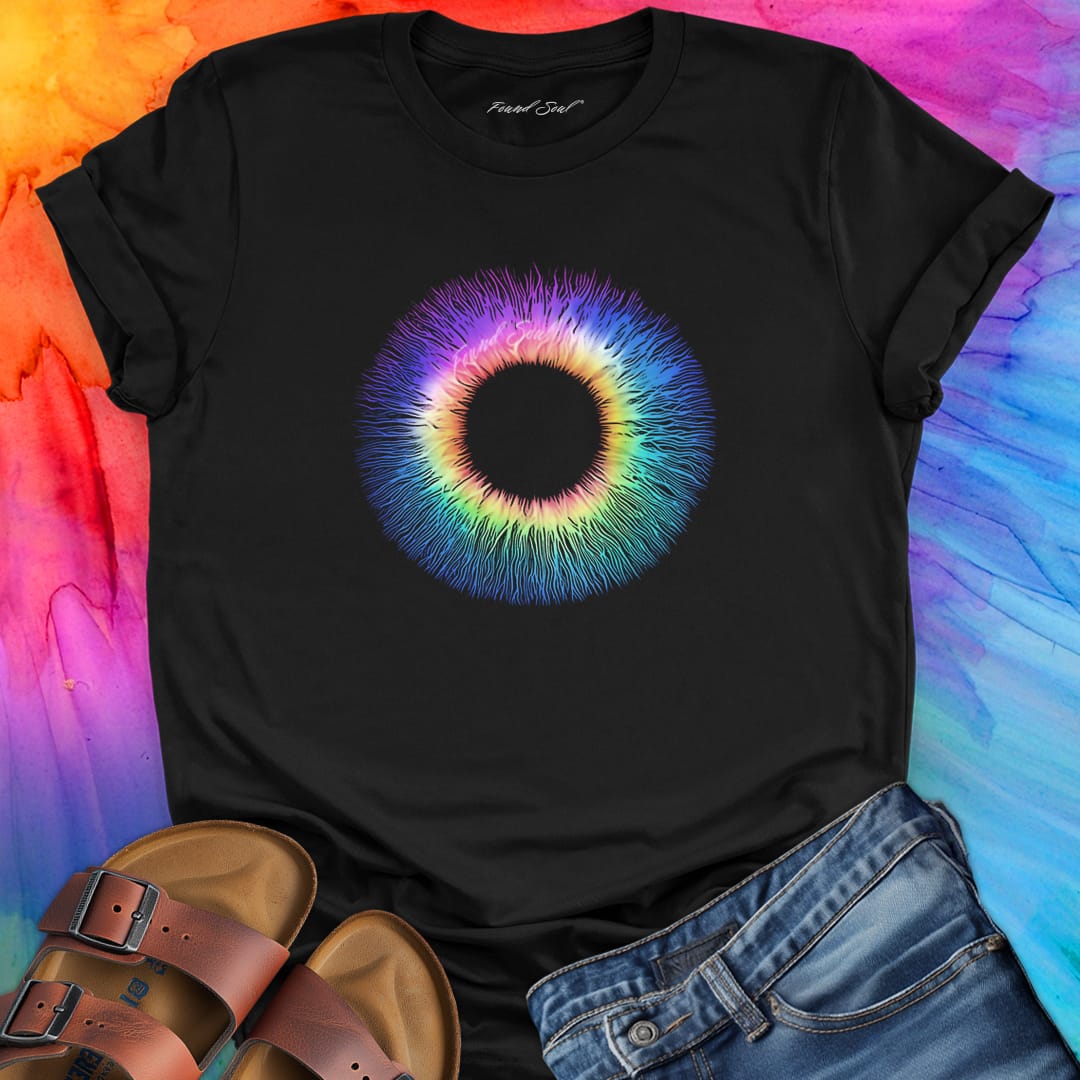 Radiant rainbow iris eye burst on black t-shirt for third eye vision spiritual sight energy awareness.