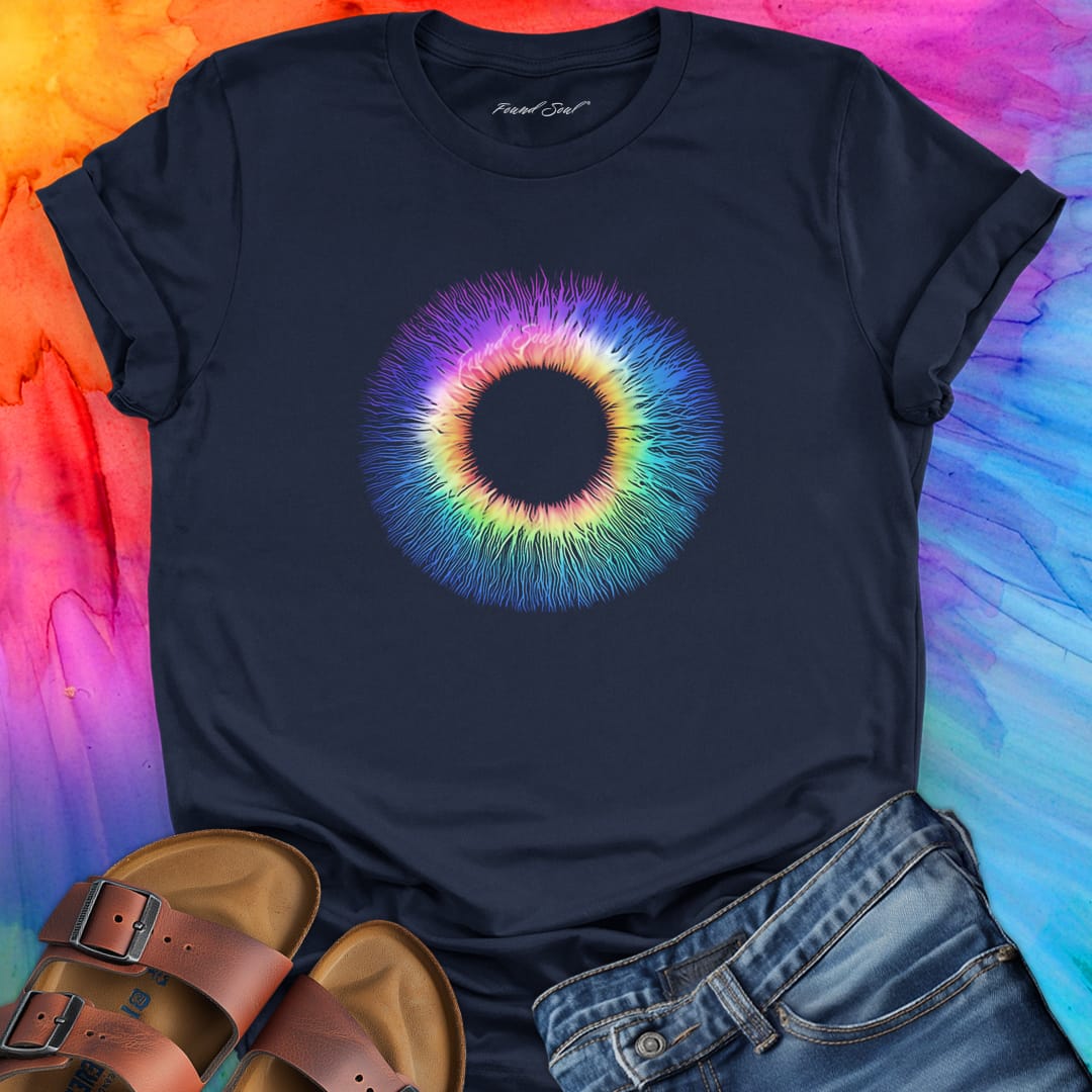 Radiant rainbow iris eye burst on navy t-shirt for third eye vision spiritual sight energy awareness.
