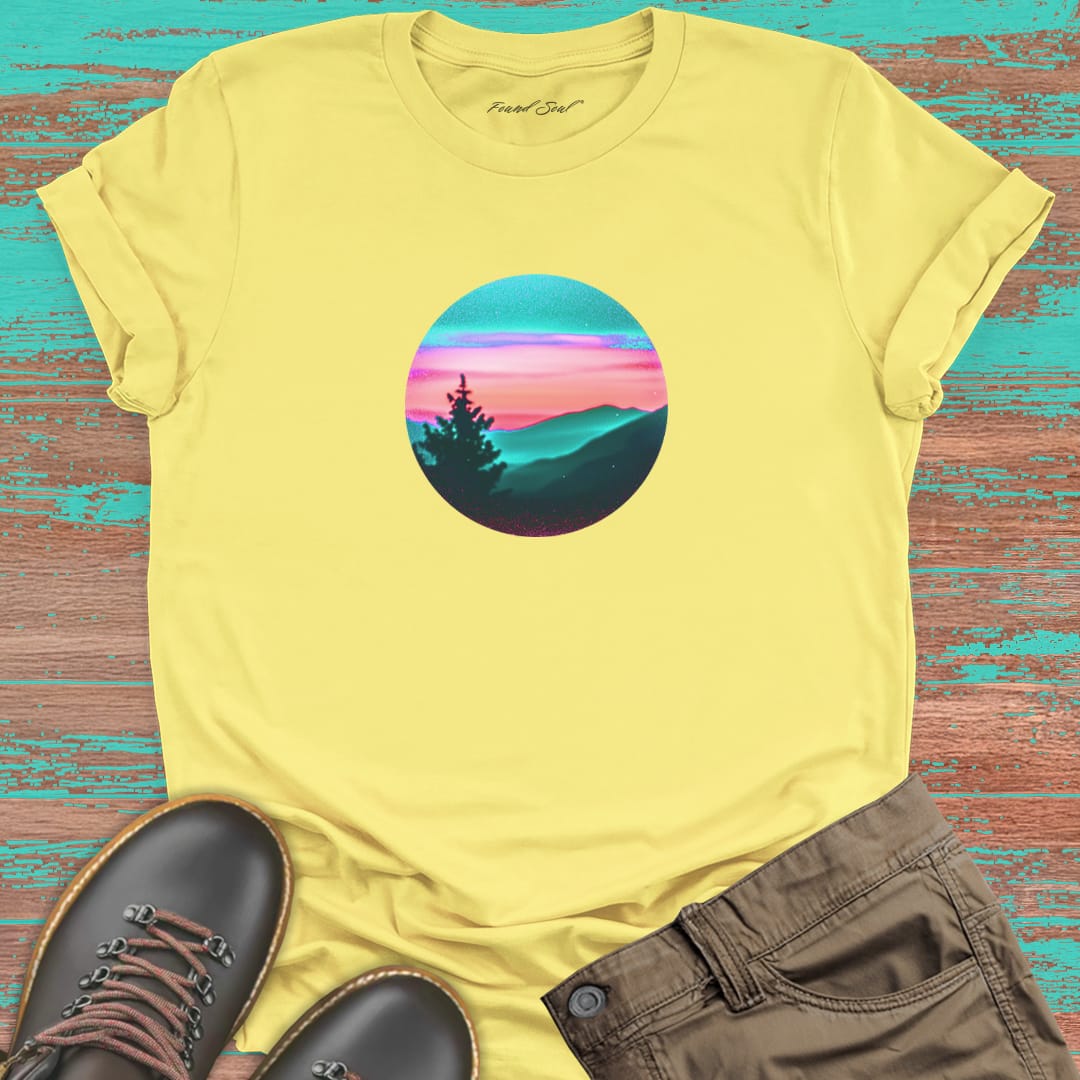 Silhouetted mountain ridges on yellow t-shirt for mountain meditation stillness nature communion