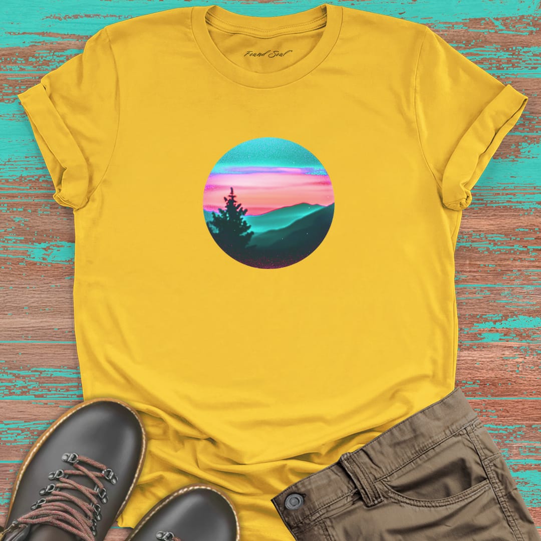 Silhouetted mountain ridges on yellow t-shirt for mountain meditation stillness nature communion