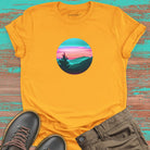 Silhouetted mountain ridges on yellow t-shirt for mountain meditation stillness nature communion