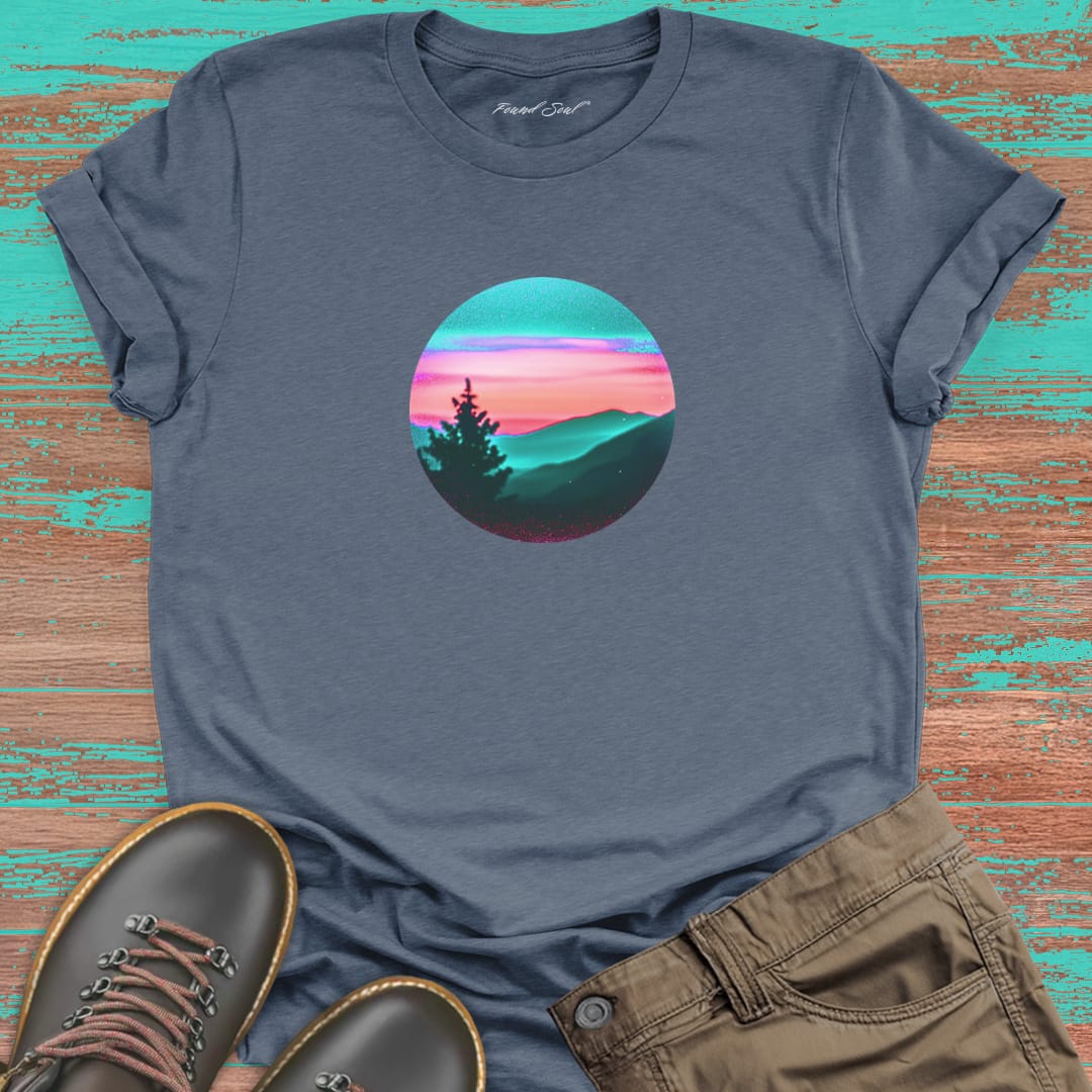 Silhouetted mountain ridges on grey t-shirt for mountain meditation stillness nature communion