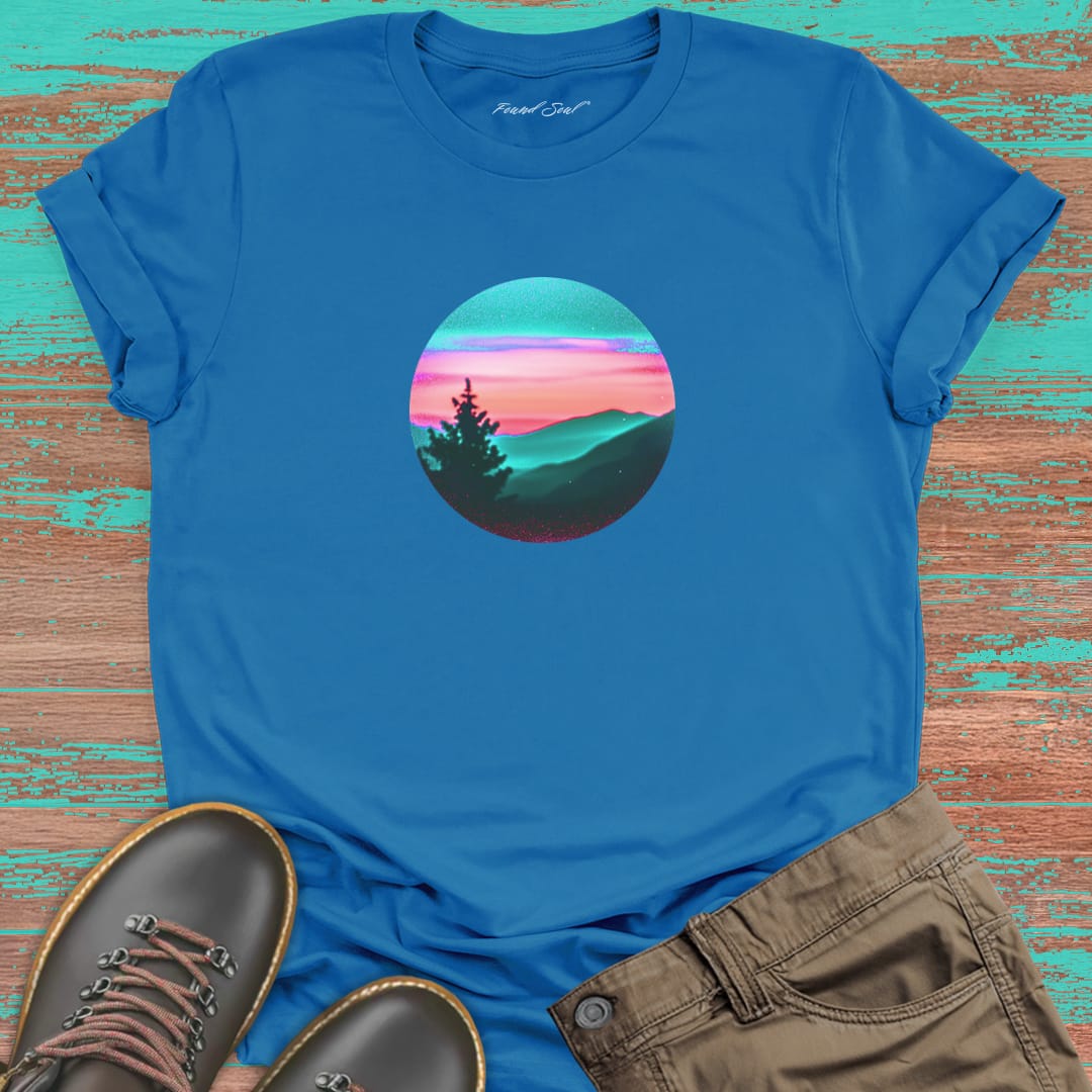 Silhouetted mountain ridges on blue t-shirt for mountain meditation stillness nature communion