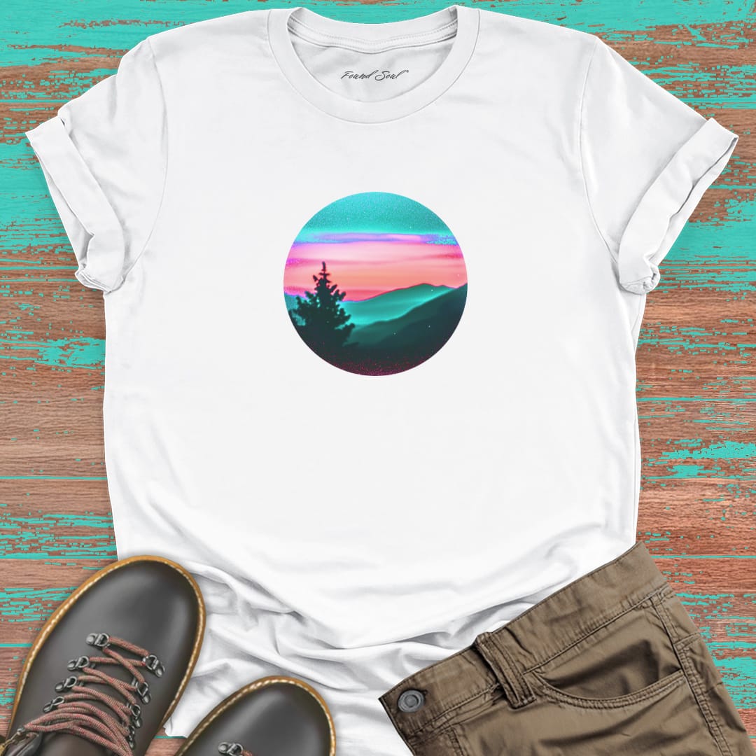 Silhouetted mountain ridges on white t-shirt for mountain meditation stillness nature communion