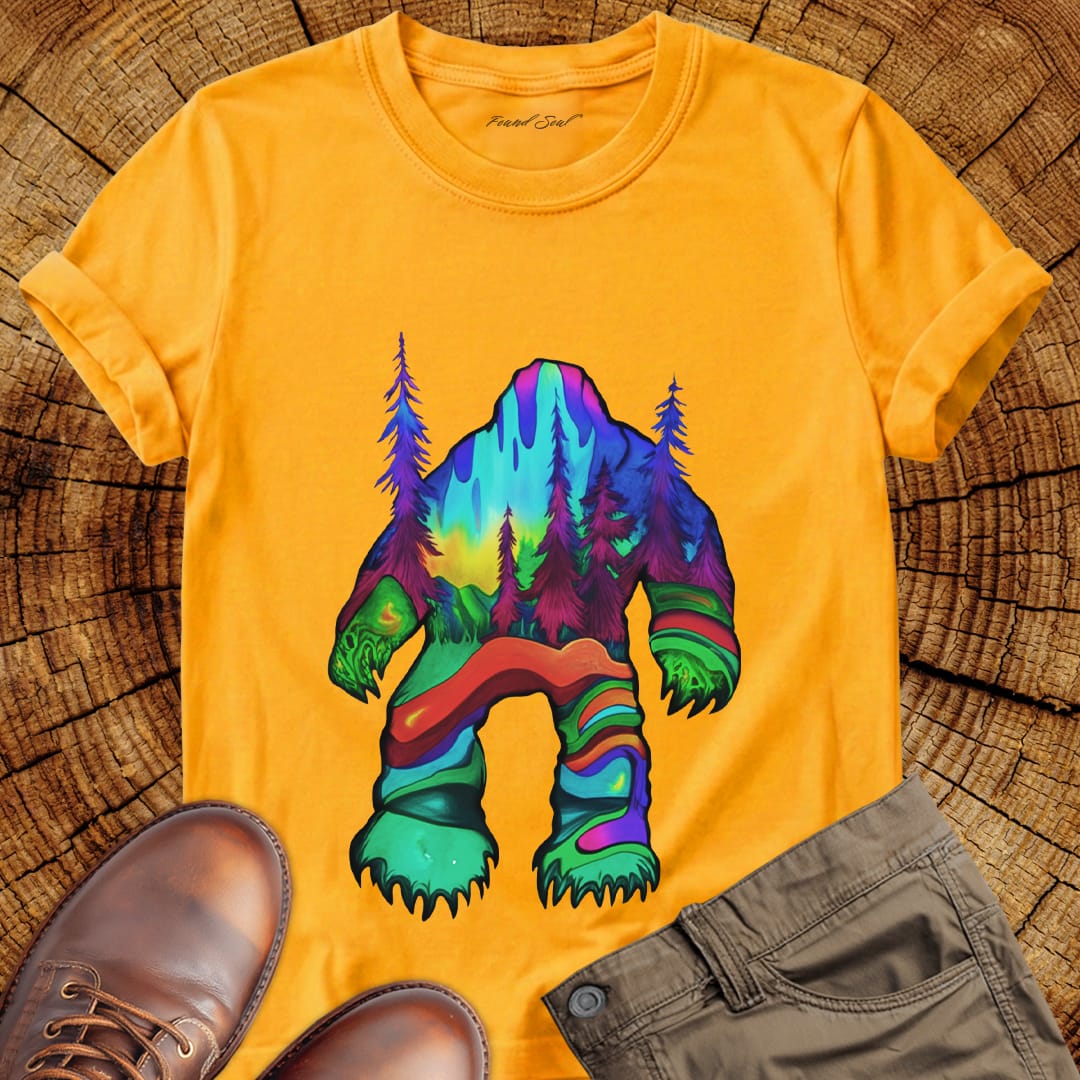 Bigfoot silhouette filled with aurora borealis and forest landscape on yellow t-shirt for cryptid mystery wilderness.