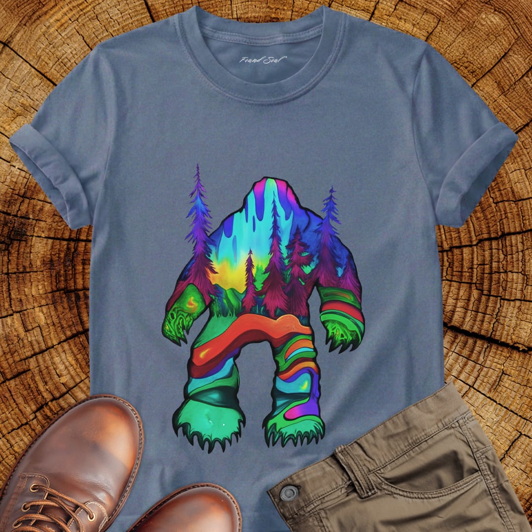 Bigfoot silhouette filled with aurora borealis and forest landscape on grey t-shirt for cryptid mystery wilderness.