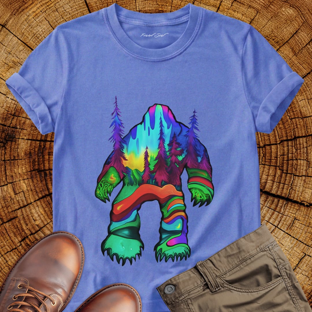 Bigfoot silhouette filled with aurora borealis and forest landscape on purple t-shirt for cryptid mystery wilderness.