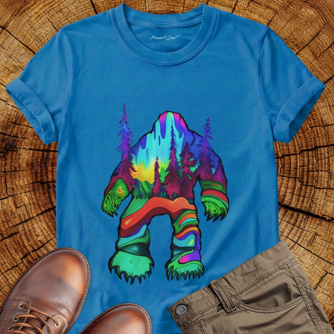 Bigfoot silhouette filled with aurora borealis and forest landscape on blue t-shirt for cryptid mystery wilderness.