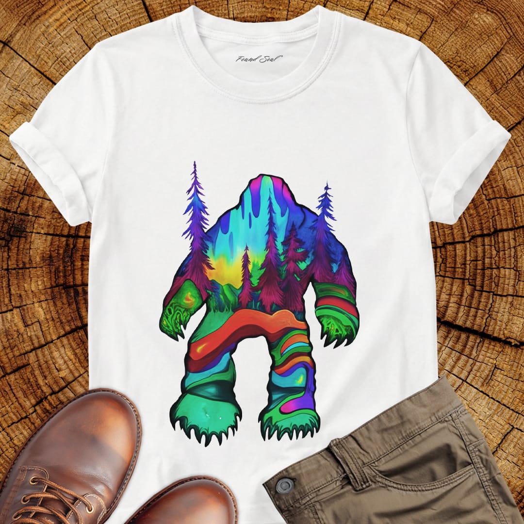 Bigfoot silhouette filled with aurora borealis and forest landscape on white t-shirt for cryptid mystery wilderness.
