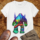 Bigfoot silhouette filled with aurora borealis and forest landscape on white t-shirt for cryptid mystery wilderness.