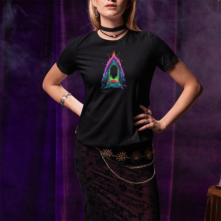 Woman wearing portal gateway black t-shirt for new beginnings.